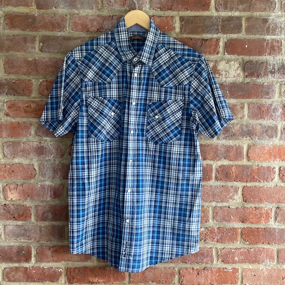 Ben Sherman Blue Plaid Short Sleeve Snap Button Size Large